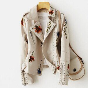 Off White Floral Embroidered Studded Faux Leather Jacket Moto Bomber Jacket Coat